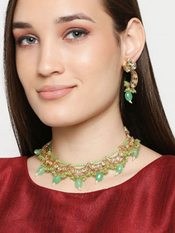 OOMPH - Mint Green Beads and Kundan Choker Necklace Set with Matching Earrings