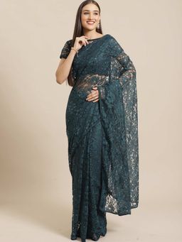Akhilam - Teal Green Party Net Solid Saree With Unstitched Blouse