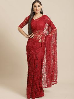 Akhilam - Red Festive Net Lycra Embellished Saree With Unstitched Blouse