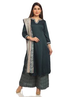 Biba - Teal Straight Solid Kurta With Palazzo And Dupatta (Set of 3)