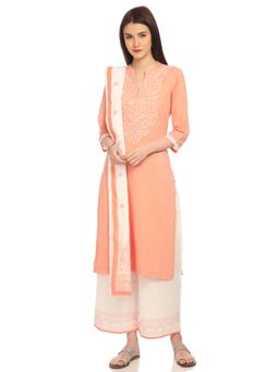 Biba - Peach Straight Kurta With Palazzo And Dupatta (Set of 3)
