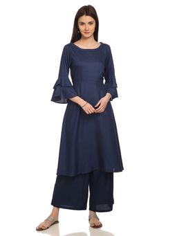 Biba - Navy Blue Bell Sleeves Solid Kurta