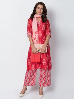 Biba - Red Printed Kurta With Pants & Dupatta (Set of 3)