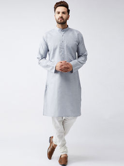 SOJANYA - Cotton Linen Grey Kurta and Off White Churidar Pyjama (Set of 2)