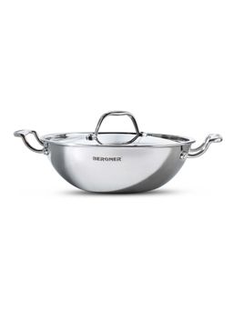 Bergner - Argent Triply Stainless Steel Kadhai With Lid, 22 cm, Induction Base, Silver