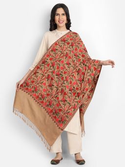 Zamour - Brown Woollen Kashmiri Aari Embroidery Shawl