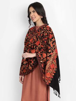 Zamour - Black Kashmiri Aari Embroidery Kadhai Woollen Shawl