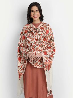 Zamour - Cream Aari Embroidery Kadhai Woollen Kashmiri Shawl
