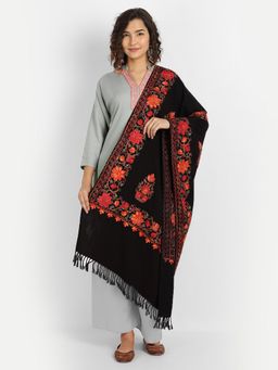 Zamour - Black Kashmiri Aari Embroidery Kadhai Woollen Shawl