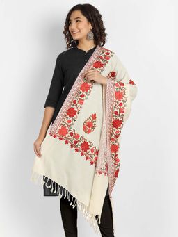 Zamour - Cream Aari Embroidery Kadhai Woollen Kashmiri Shawl