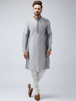 SOJANYA - Silk Grey Kurta and Off White Churidar Pyjama (Set of 2)