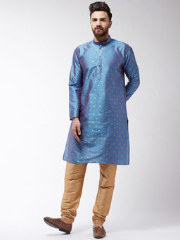 SOJANYA - Men Silk Blend Blue Kurta & Gold Churidar Pyjama (Set of 2)