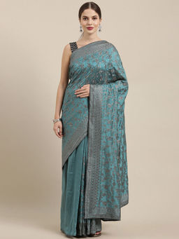 Soch - Blue Art Silk Embroidered Saree with Unstitched Blouse