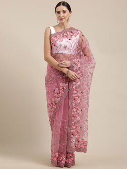 Soch - Pink Net Embroidered Saree with Unstitched Blouse
