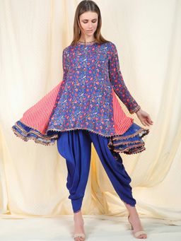 Nikasha - Blue Floral Printed Long Sleeves Tunic With Dhoti Pant - Customisable (Set of 2)