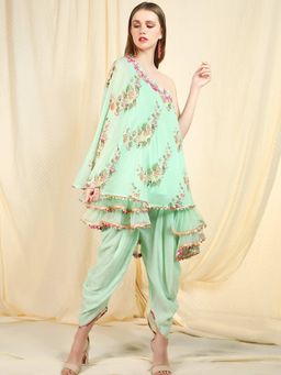 Nikasha - Sea Green Embellished One Shoulder Tunic With Dhoti Pant - Customisable (Set of 2)