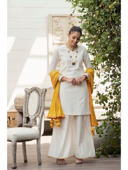 Nikasha - White Woven Kurta With Palazzo & Dupatta - Customisable (Set of 3)