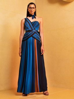 Nikita Mhaisalkar - Midnight Stroke Print One Shoulder Pleated Dress