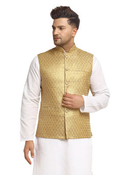 Treemoda - Men Dark Golden Brocade Nehru Jacket With Golden Work