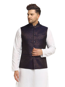 Treemoda - Men Navy Blue Brocade Nehru Jacket With Golden Work