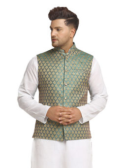 Treemoda - Men Sapphire Blue Brocade Nehru Jacket With Golden Work