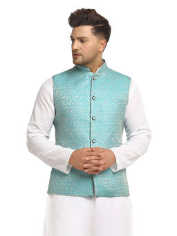 Treemoda - Men Turquoise Blue Brocade Nehru Jacket