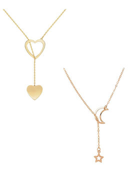 OOMPH - Gold Tone Delicate Lariat Chain Heart, Star & Moon Necklace for Women (Set of 2)