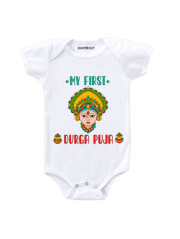 KNITROOT - White First Durga Puja Printed Onesie