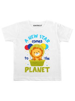 KNITROOT - White New Star Planet Printed T-Shirt (0-6 Months)