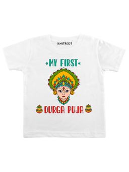 KNITROOT - White First Durga Puja Printed T-Shirt