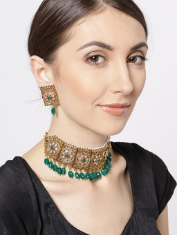 Priyaasi - Gold-Plated Choker Set With Stones And Green Beads (Pack of 2)