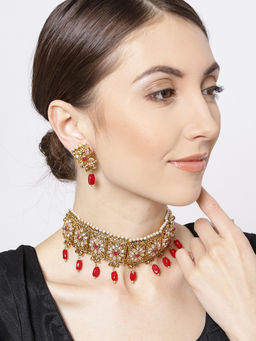 Priyaasi - Gold-Plated Stones Studded Choker Set In Red Color With Drop Beads (Pack of 2)
