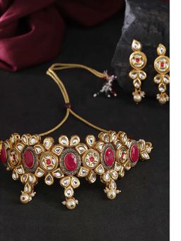 Priyaasi - Gold Plated Kundan & Ruby Studded Navy Blue Choker Jewellery Set