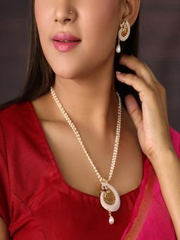 Priyaasi - Gold-Plated Beads Studded Jewellery Set With Pearl Drop In Floral Pattern