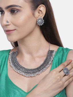 Priyaasi - Silver Necklace And Earrings With Ring (Set of 3)