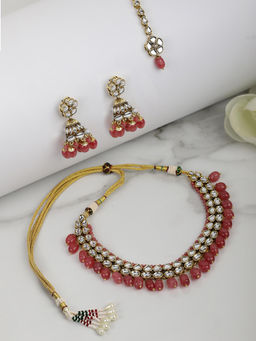 Priyaasi - Pink Beads Ruby Kundan Gold Plated Traditional MaangTika Jewellery Set