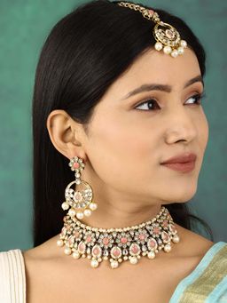 Priyaasi - Pink Stone Kundan Pearls Beads Gold Plated Traditional MaangTika Choker