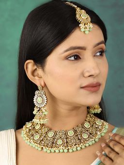 Priyaasi - Mint Green Pearls Stones Beads Kundan Gold Plated Traditional MaangTika Jewellery Set