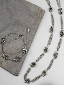 Priyaasi - Ghungroo Silver Plated Oxidised Necklace With Anklet & Nath