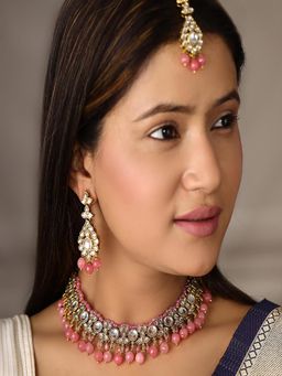 Priyaasi - Pink Beads Pearls Kundan Gold Plated Jewellery Set With Maang Tikka