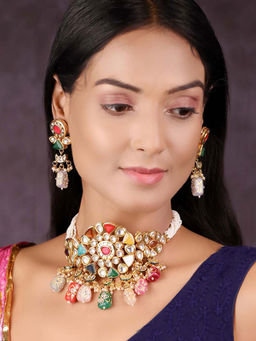 Priyaasi - Multi-Colour Pearls Beads Stones Kundan Gold Plated Choker Set