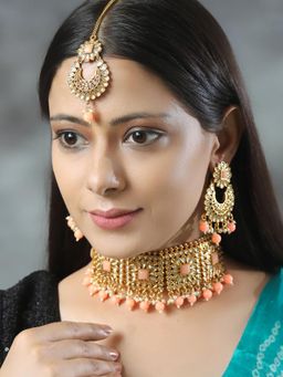 Priyaasi - Orange Kundan Gold Plated Choker Set with MaangTikka