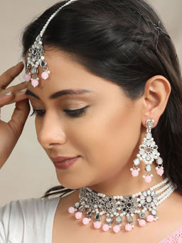 Priyaasi - White Pink Silver Plated Choker Set with MaangTikka