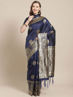 Sareemall - Navy Blue Silk Blend Saree With Unstitched Blouse