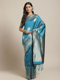 Sareemall - Teal Blue Silk Blend Saree With Unstitched Blouse