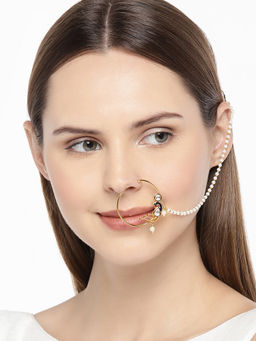 Accessher - Gold-Plated Handcrafted Kundan Stone-Studded Chained Nose Ring
