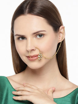 Accessher - Gold-Plated Handcrafted Kundan Stone-Studded Chained Nose Ring