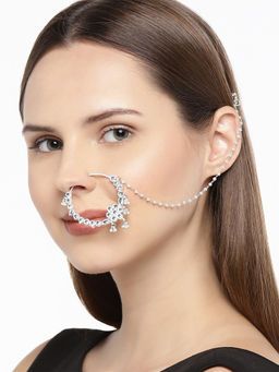 Accessher - Silver-Toned Gold-Toned Handcrafted Jadau Pachi Kundan Nose Ring