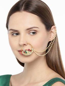 Accessher - Gold-Toned Handcrafted Jadau Pachi Kundan Peacock Gold Nose Ring