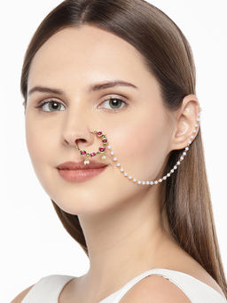 Accessher - Gold-Plated Handcrafted Kundan Stone-Studded Chained Nose Ring